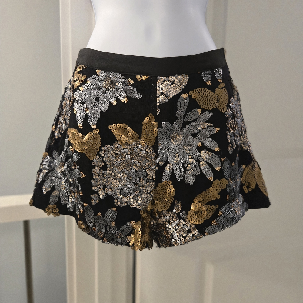 Luxxel Black Floral Shorts With Gold And Silver Sequins Size S.